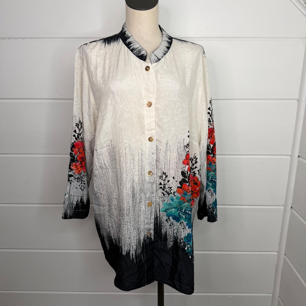 Citron Santa Monica 2X 100% Silk Blouse Floral Mandarin Collar Art to Wear